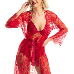 Δεύτερη Εικόνα Γυναικείο sexy σετ σε κόκκινο χρώμα see through κορμάκι  με ενίσχυση και ρόμπα από φινετσάτη γαλλική δαντέλα