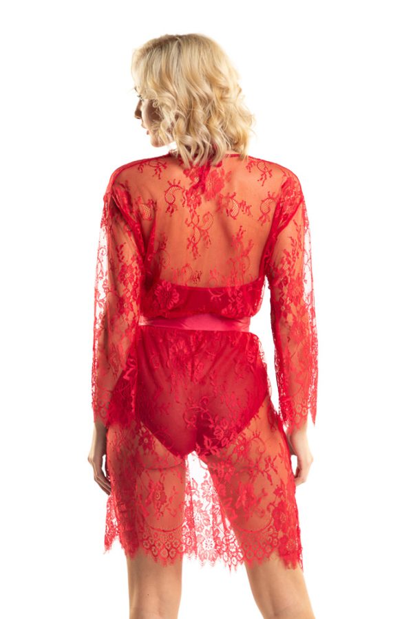 Τρίτη Εικόνα Γυναικείο sexy σετ σε κόκκινο χρώμα see through κορμάκι  με ενίσχυση και ρόμπα από φινετσάτη γαλλική δαντέλα
