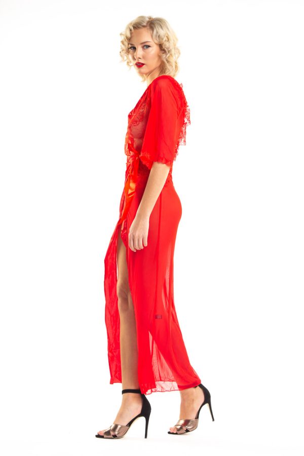 Δεύτερη Εικόνα Γυναικεία sexy μακριά  see through ρόμπα  με πλαϊνά σκισίματα σε κόκκινο χρώμα